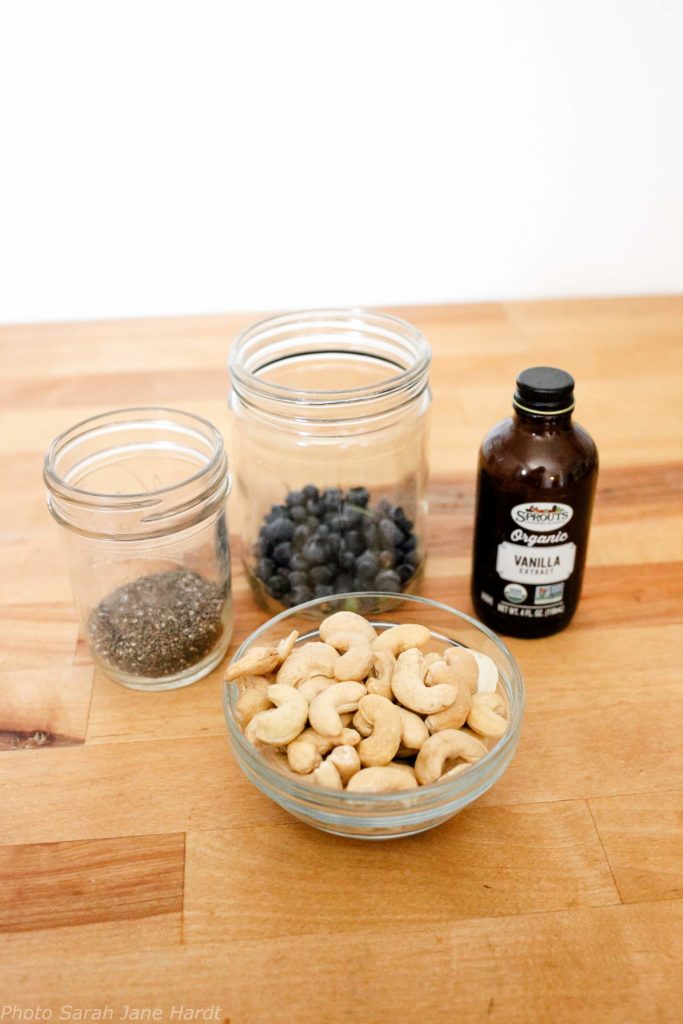 ingredients for cashew chia blueberry pudding