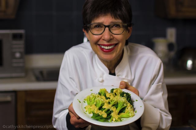 Cathy Katin-Grazzini and her vegan white sauce over veggies
