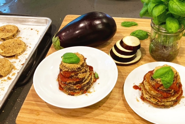 Plated eggplant marinara stacks