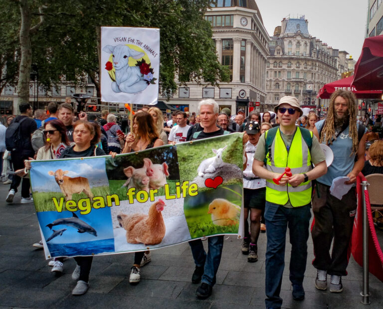 Front of an animal rights march with a banner saying "Vegan for Life"
