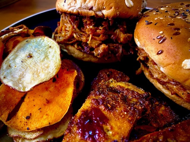 vegan pulled pork sandwich and sides