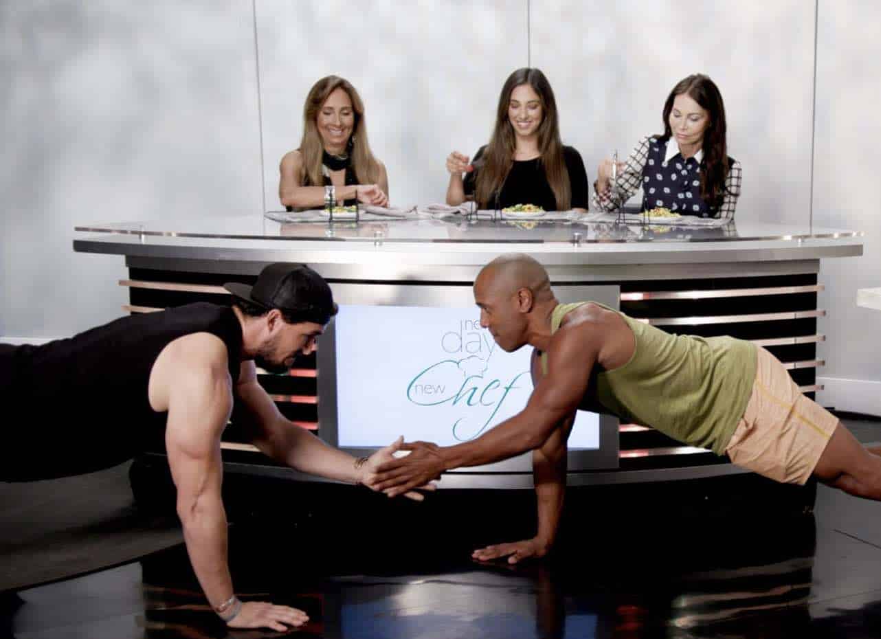Vegan bodybuilders Korin Sutton and Ryan Nelson do intricate pushups as taste testers check out the vegan fare on New Day New Chef. 