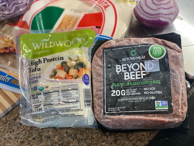 Beyond Meat beef and extra firm tofu