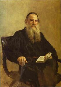 Portrait of Leo Tolstoy sitting on a chair