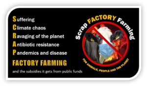 Banner of the Scrap Factory Farming campaign, showing logo of a cow with a mask