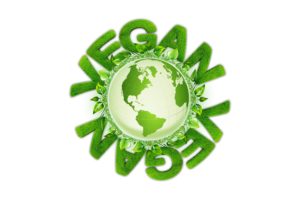 Planet Earth in green, with the word VEGAN over and under it