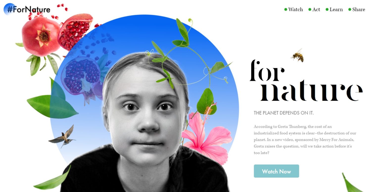 Greta Thunberg looking at camera by some text with the title "For Nature"