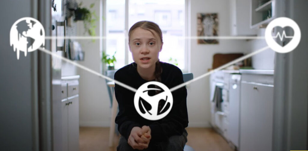 Screenshot of Greta Thunberg looking at the camera with three interconnected symbols representing the earth, health and ecology