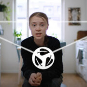 Screenshot of Greta Thunberg looking at the camera with three interconnected symbols representing the earth, health and ecology