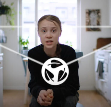 Screenshot of Greta Thunberg looking at the camera with three interconnected symbols representing the earth, health and ecology