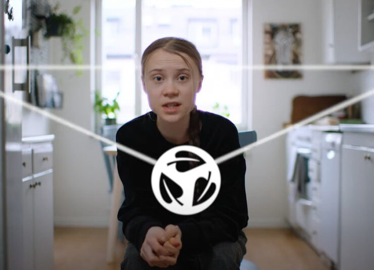 Screenshot of Greta Thunberg looking at the camera with three interconnected symbols representing the earth, health and ecology