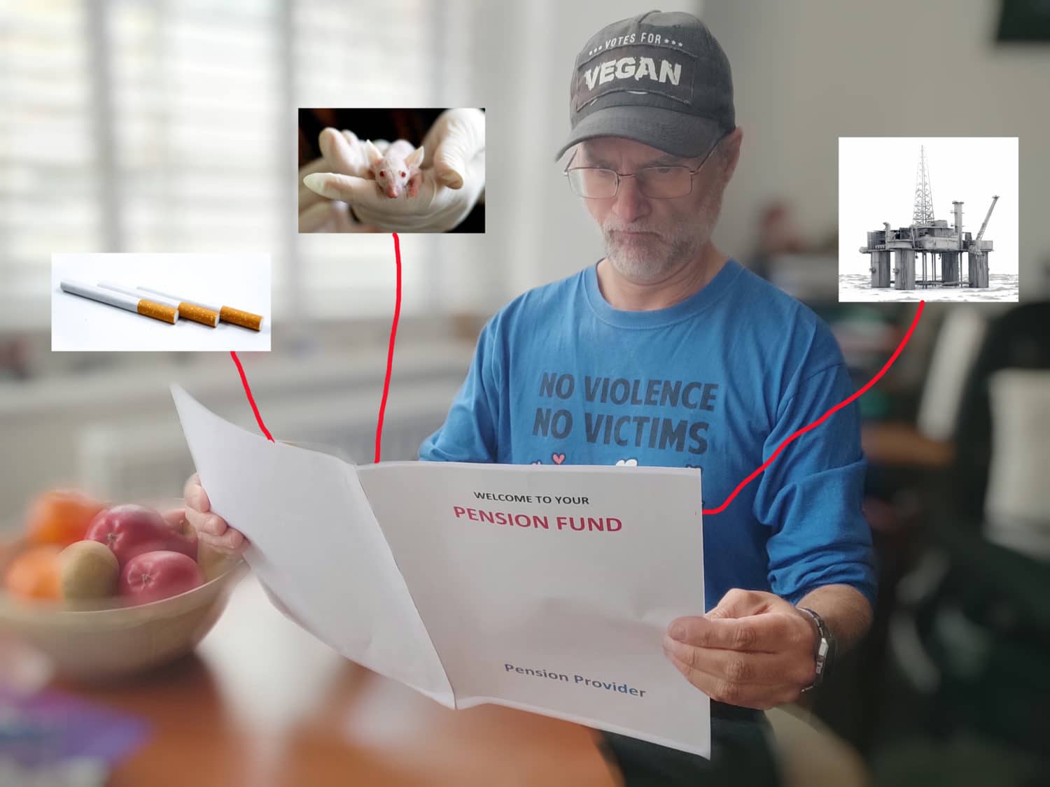 Upset man looking a a Pension Fund document, with arrows pointing to oil platform, cigarettes and a mouse in a lab