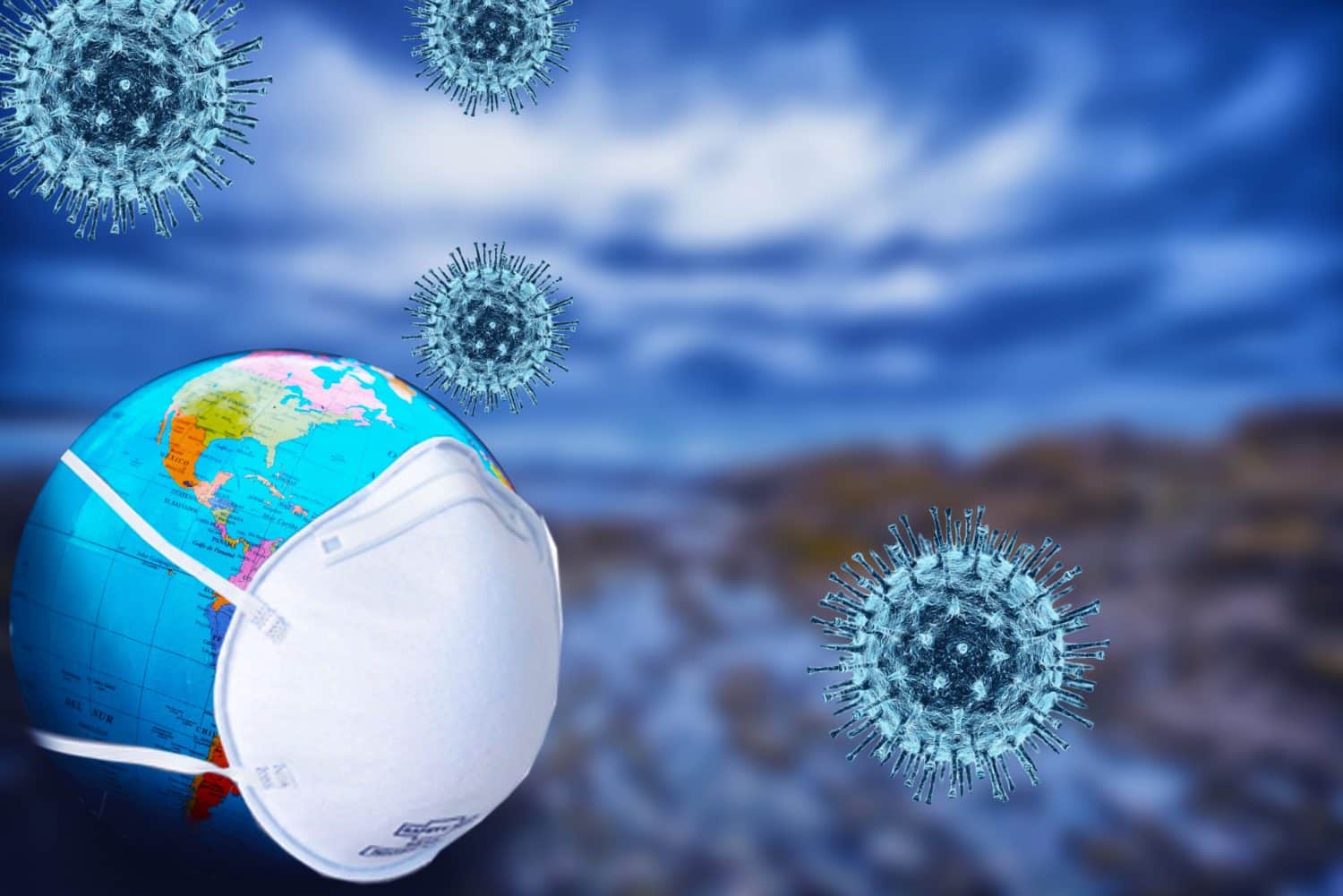 Drawing of Earth with a mask among floating viruses