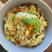 rainbow quinoa and vegan cheese sauce