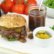 vegan BBQ pulled mushroom sandwhich and homemade BBQ sauce