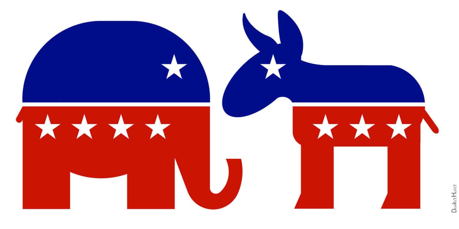 Icons of the Republican Elephant facing Democratic Donkey 