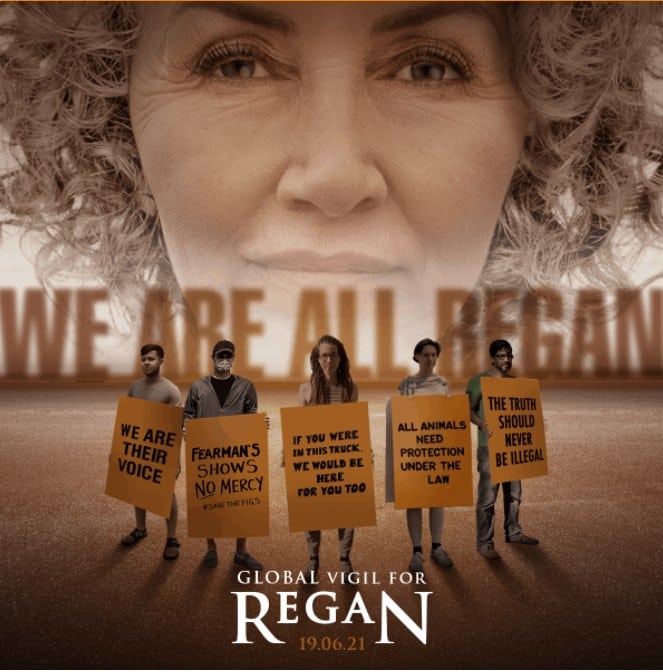 People with placards in front of an image of a woman's face, and slogan We Are All Regan