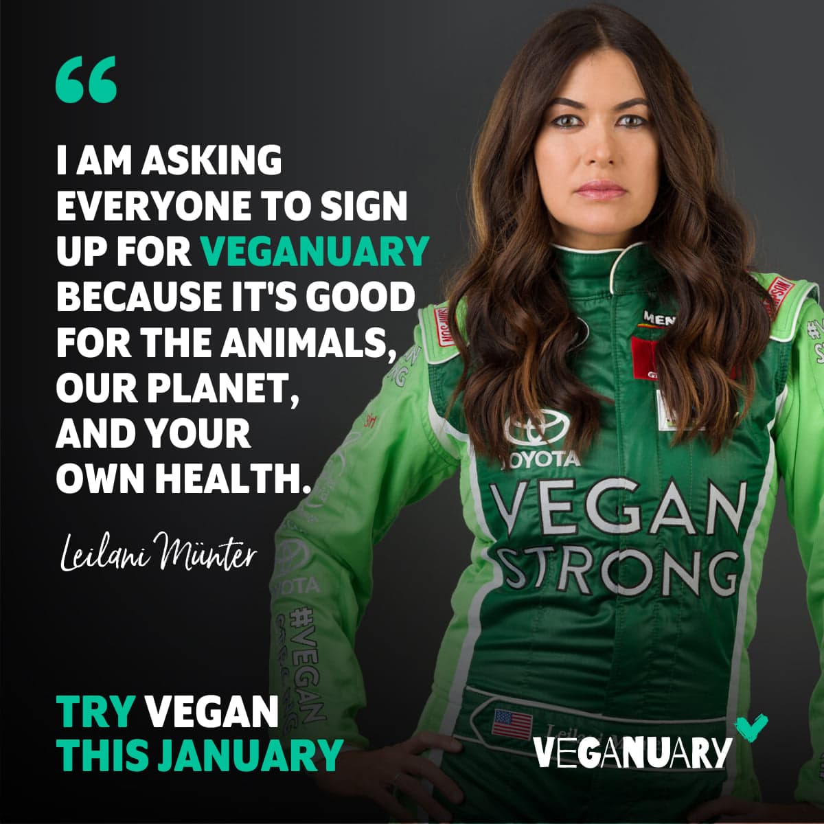 Advert from Veganuary with Woman wearing a top saying Vegan Strong