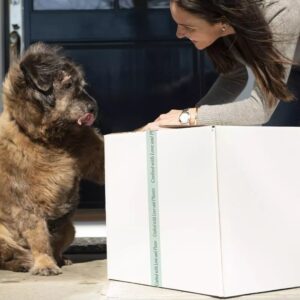 Dog owner receiving a box of Bramble vegan dog food
