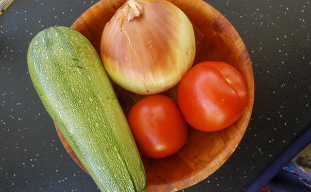 tomatoes, onions and zuchinni