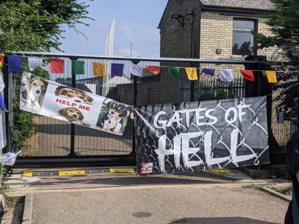 Protest banners hung on the gates of beagle breeding facility MBR Acres