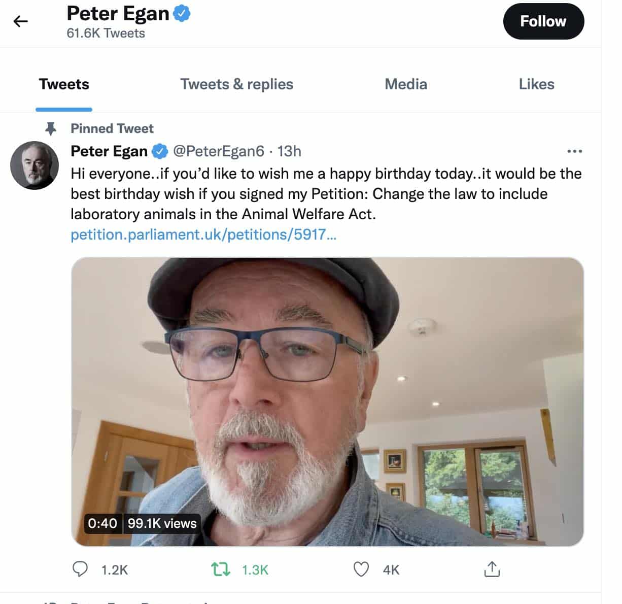 Famed actor Peter Egan asks British fans to sign anti-vivisection petition.