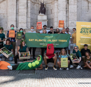 Activist with placards and banners demonstrating in Italy for the Plant Based Treaty