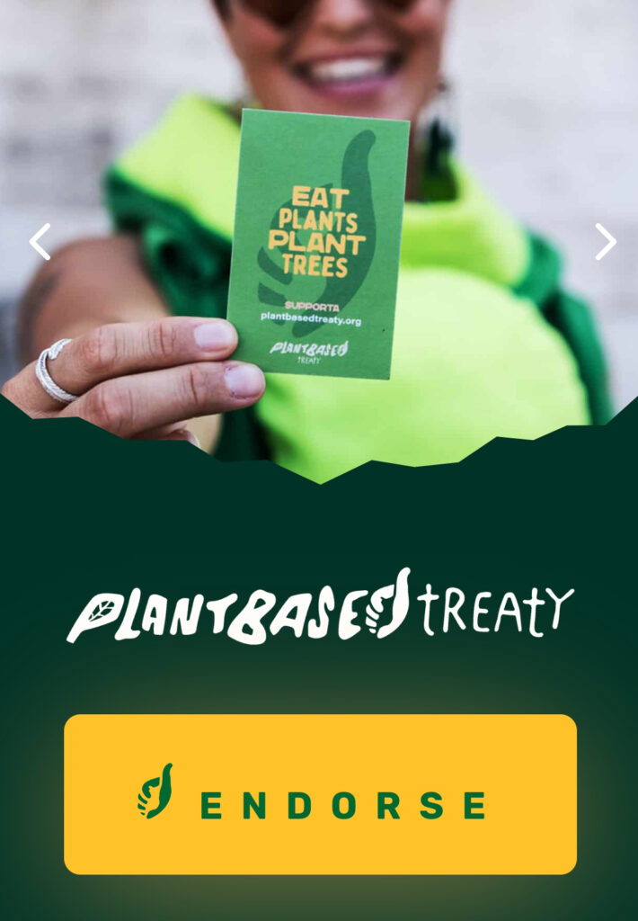Homepage from Plant Base Treaty, with a card that says Eat Plants Plant Trees