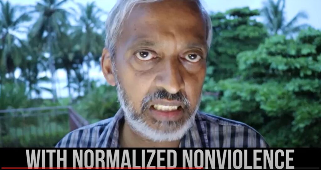 Man looking at camera. Text: With Normalized nonviolence