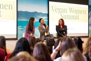 Three women presenting at the Vegan Women Summit