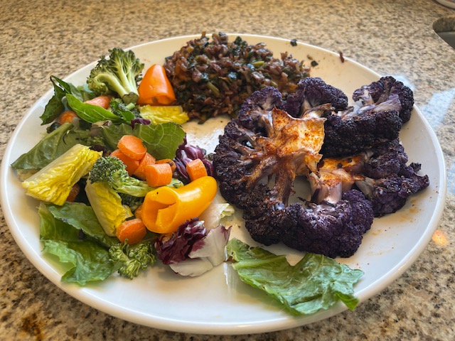 cauliflower steak and bistro rice, side salad