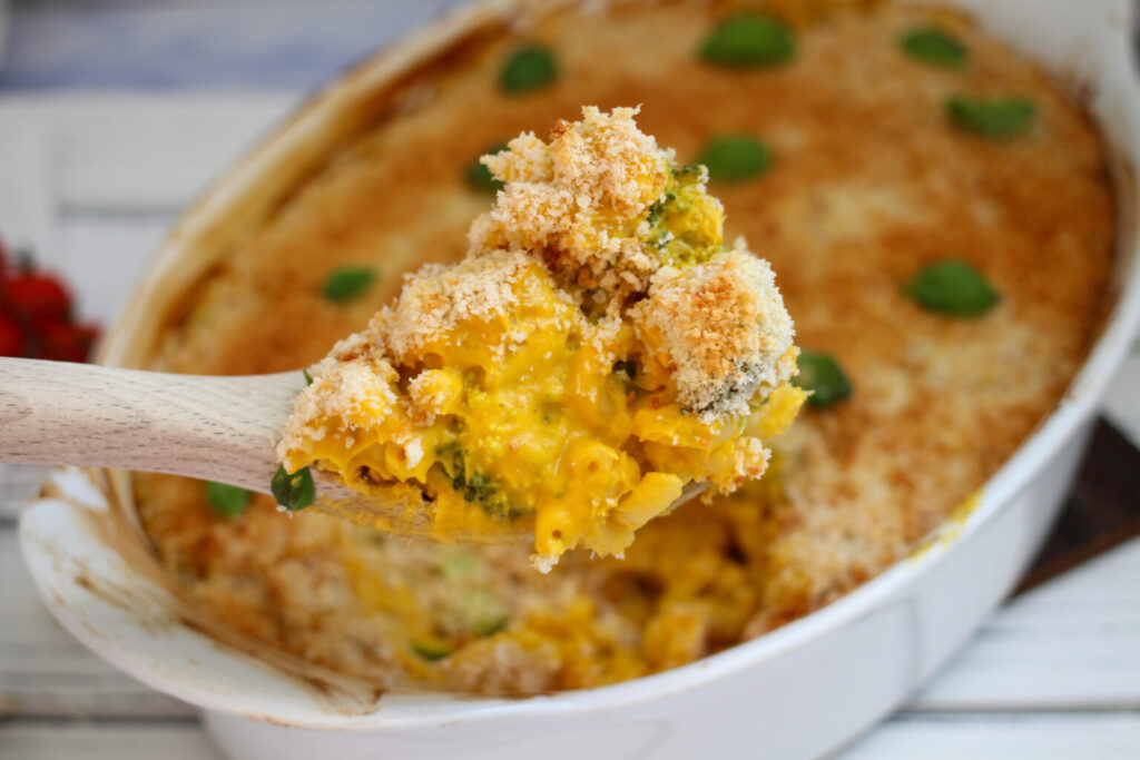 vegan cheese sauce in baked mac and cheese