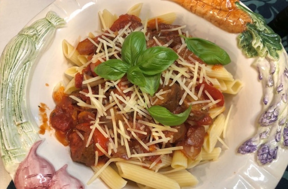 vegan sausage pasta dish