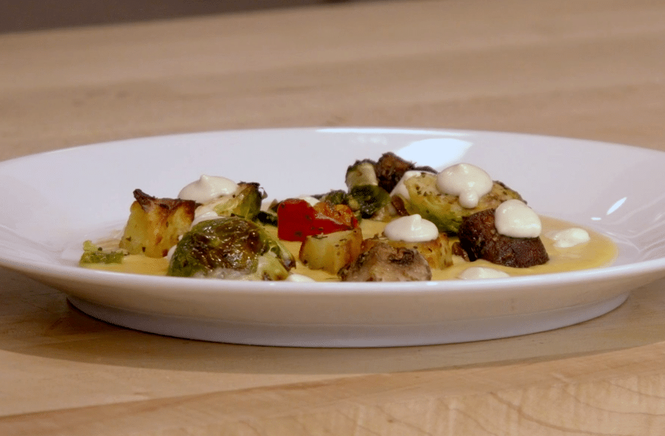 Roasted Vegetables in Butternut Squash Coulis with Feta Cream