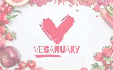 Veganuary logo with pink heart symbol and fresh fruits and vegetables surrounding the design, representing the global vegan pledge campaign.