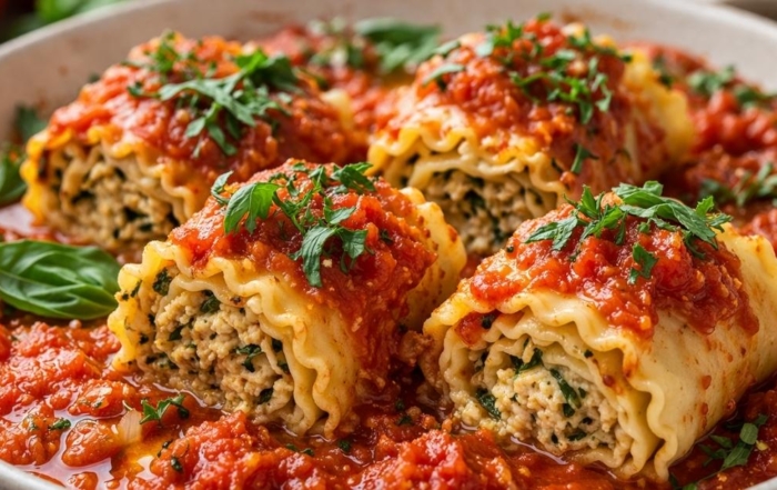Vegan cooking lasagna rolls with tomato sauce and fresh herbs