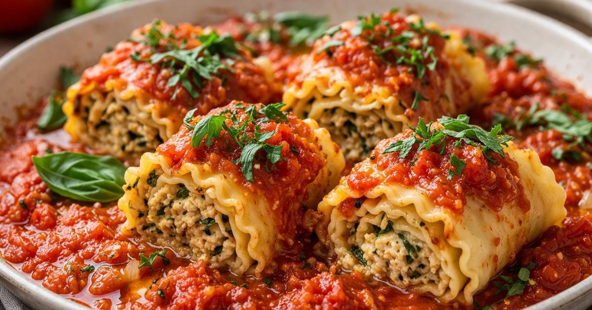 Vegan cooking lasagna rolls with tomato sauce and fresh herbs