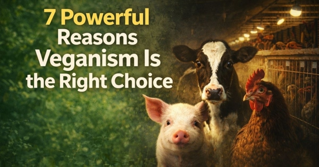 veganism ethical choice shown with cow pig and chicken contrasting factory farming and nature