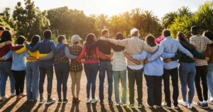 Group of multigenerational people hugging each others