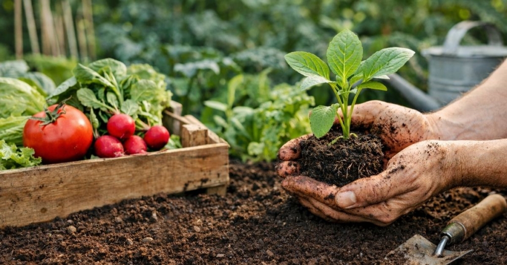 Hands holding a young vegetable plant in soil, representing vegan gardening and sustainable food growing
