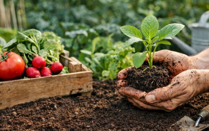 Hands holding a young vegetable plant in soil, representing vegan gardening and sustainable food growing