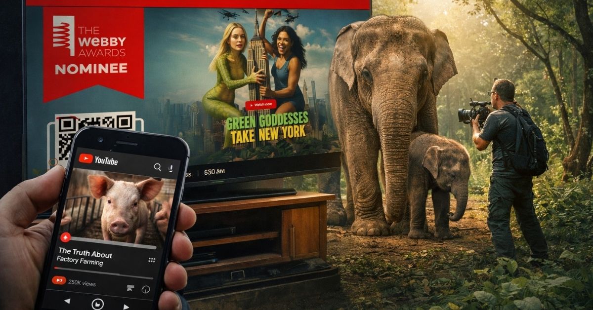 Vegan media consumption in 2026 showing YouTube discovery on phone and UnchainedTV elephant documentary on TV
