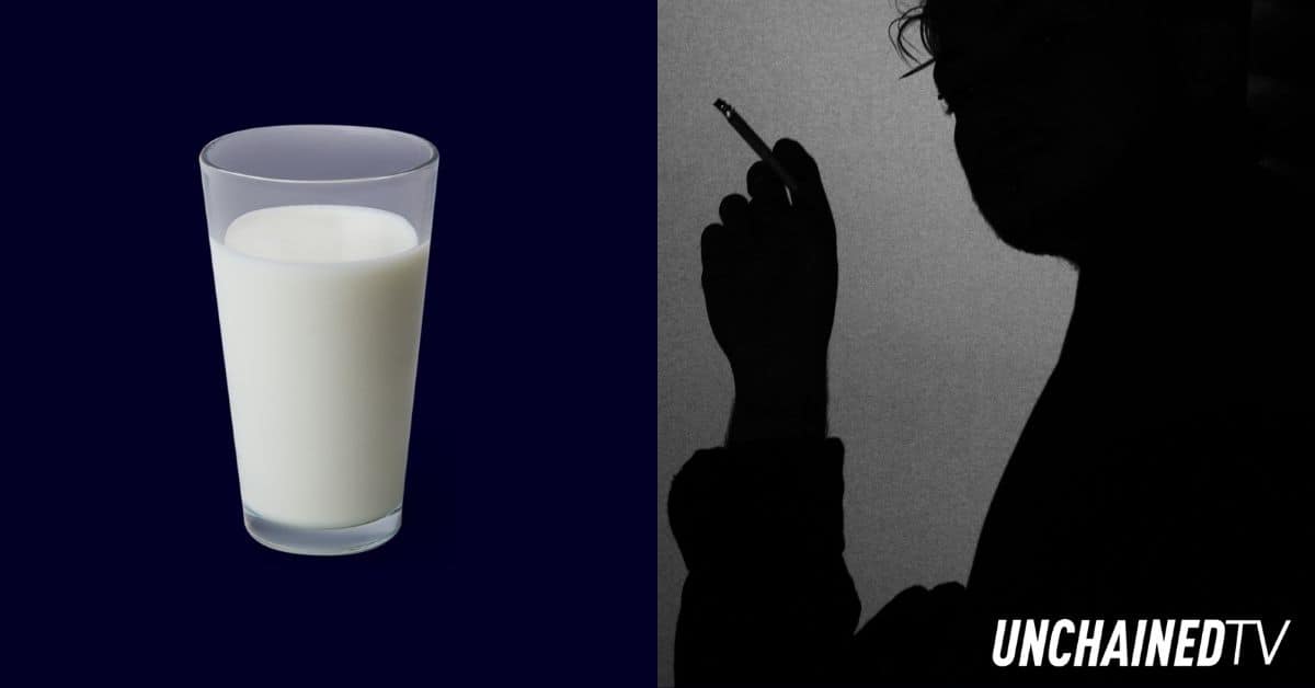 A split-screen image comparing a glass of milk to a silhouetted cigarette smoker, symbolizing growing criticism of the dairy industry.