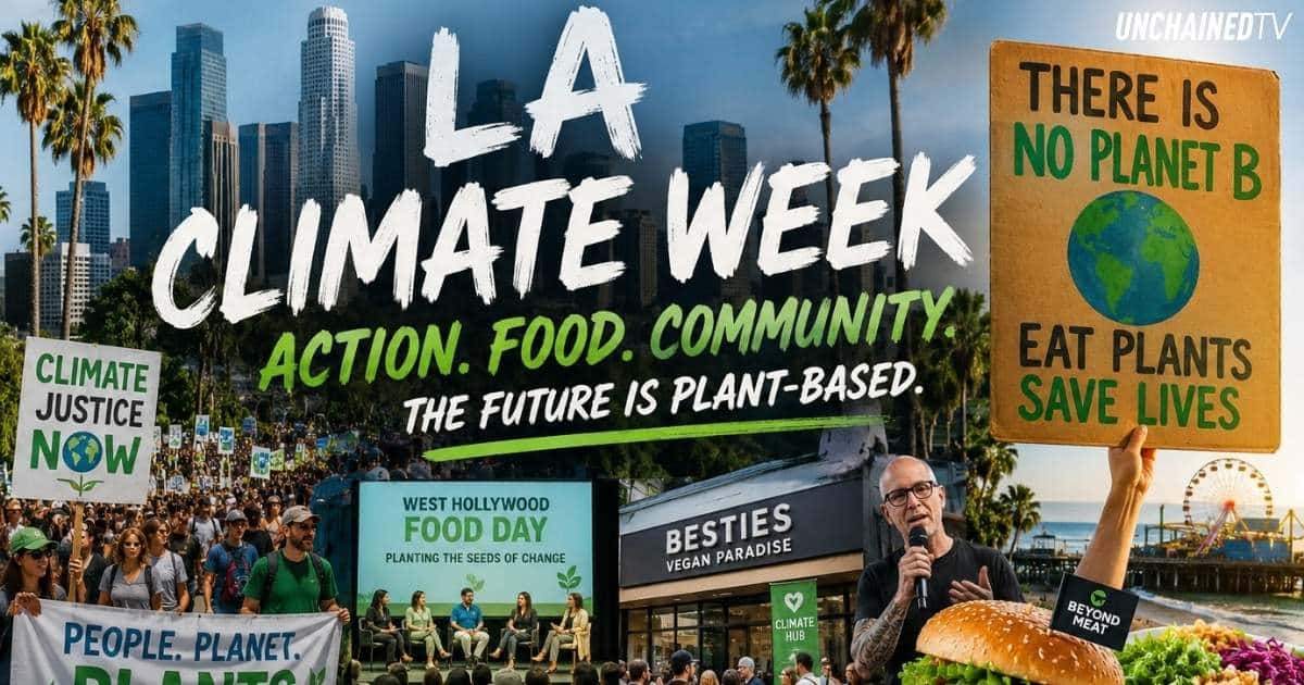 Promotional image for LA Climate Week showing Los Angeles climate activism, plant-based food, West Hollywood Food Day, BESTIES Vegan Paradise, and a message about vegan climate solutions.