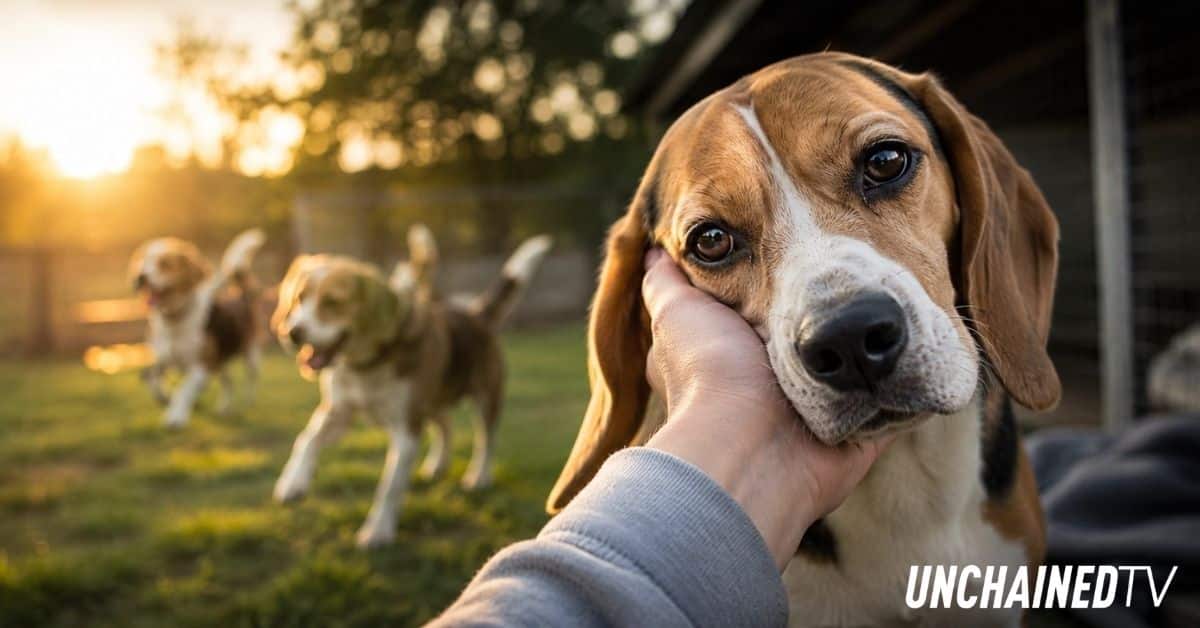 Rescued beagle receiving gentle affection after animal abuse