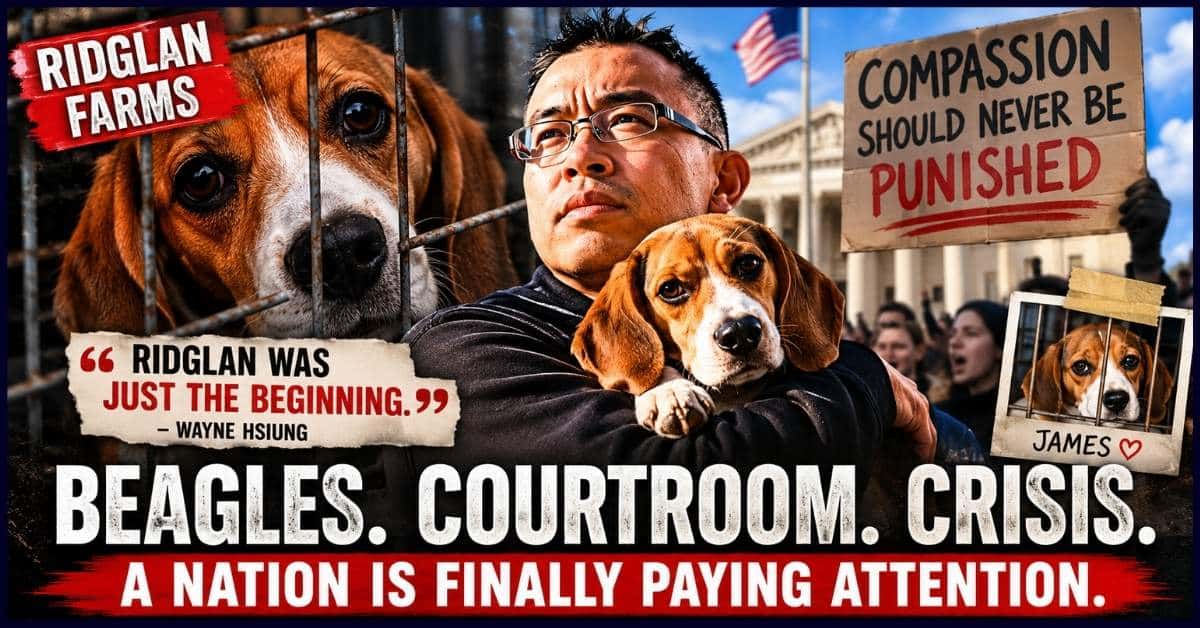Animal rights activist Wayne Hsiung holding a rescued beagle outside a courthouse alongside protest signs about compassion and animal testing during the Ridglan Farms arraignment controversy.