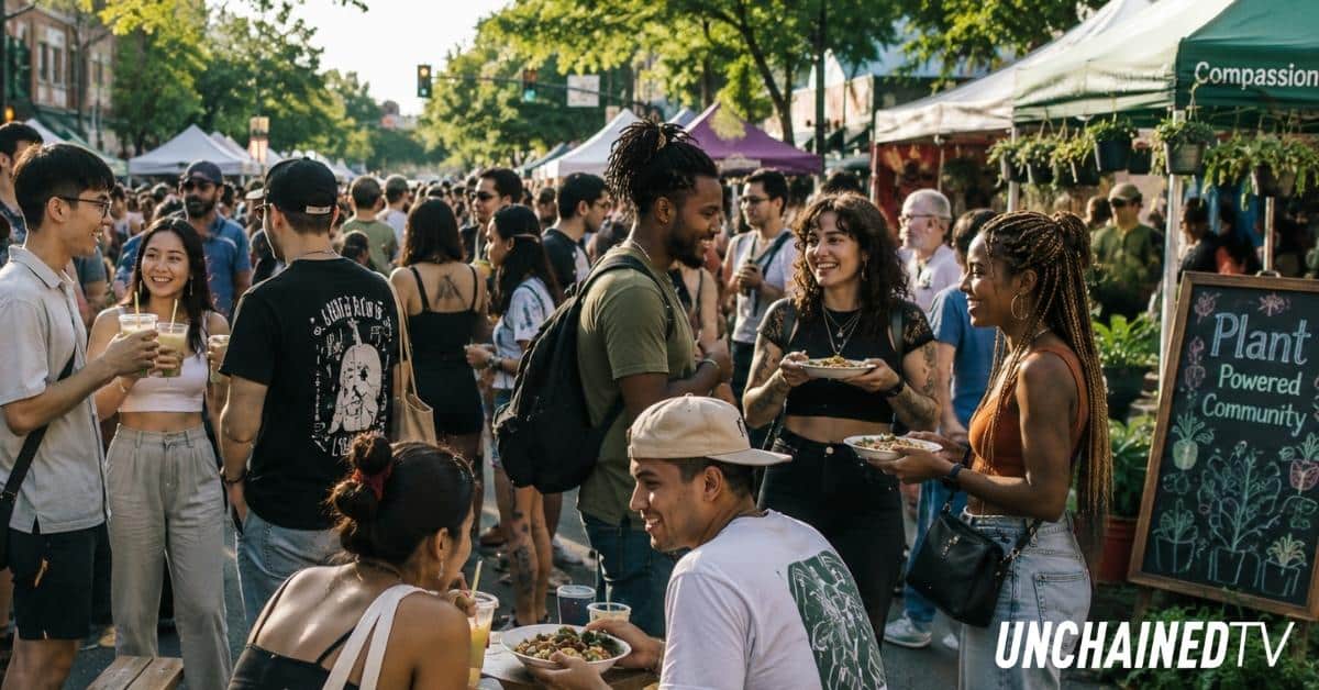 Diverse crowd enjoying food and community at a vegan street fair, reflecting the growth and cultural shift of the vegan movement