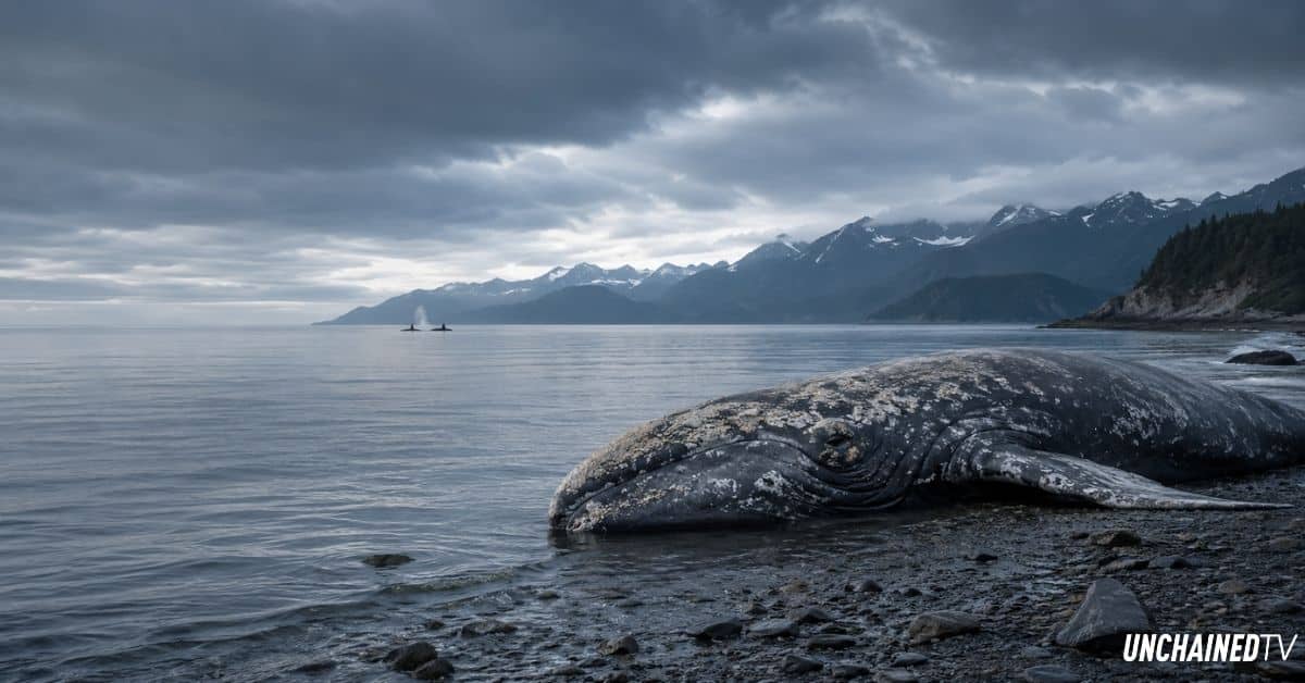 Dead gray whales washed ashore on a rocky Pacific coastline beneath storm clouds, with distant whale fins visible offshore.
