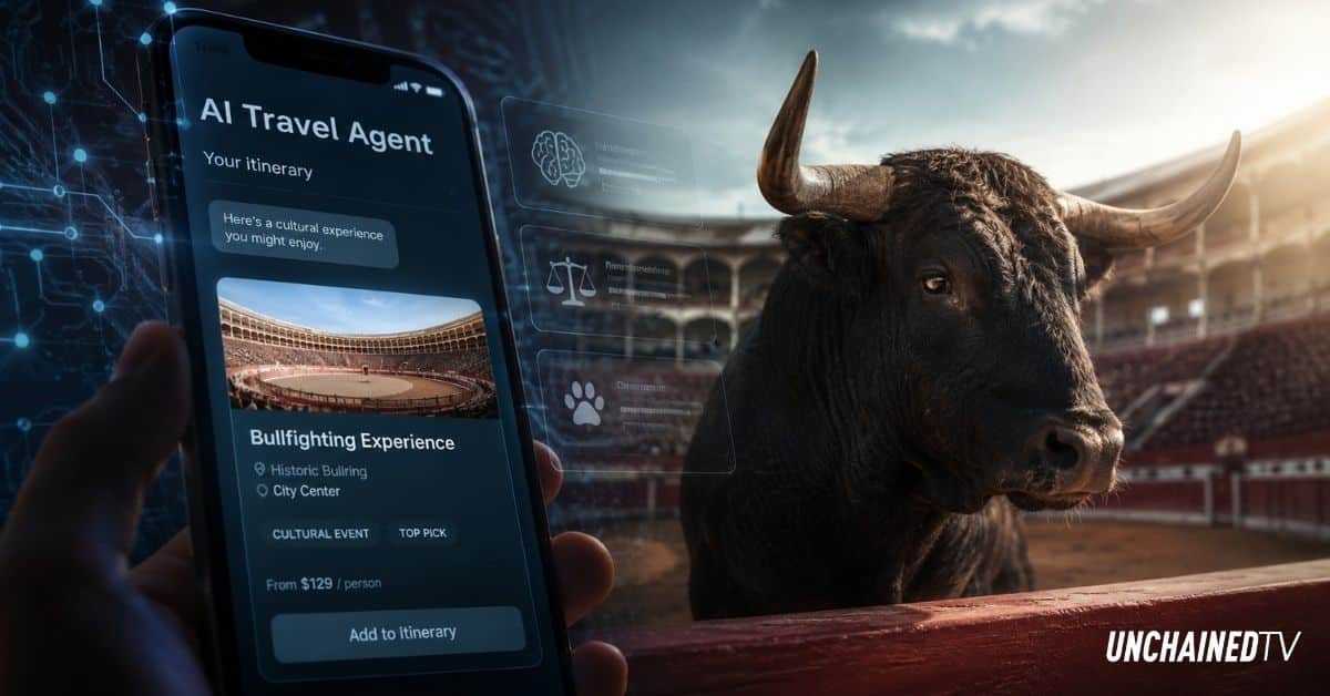 A smartphone showing an AI travel agent recommending a bullfighting experience beside a solemn bull in a bullring, raising animal welfare concerns.