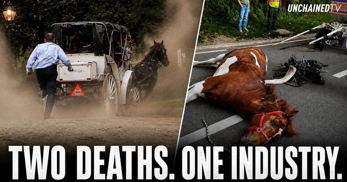 Split image showing a runaway carriage horse in Central Park and carriage horse Deniz after a fatal incident, following the death of an 18-year-old tourist in New York City.